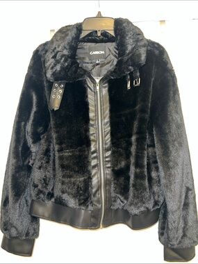 Carbon Black Faux-Fur Teddy Jacket with Leather Accents